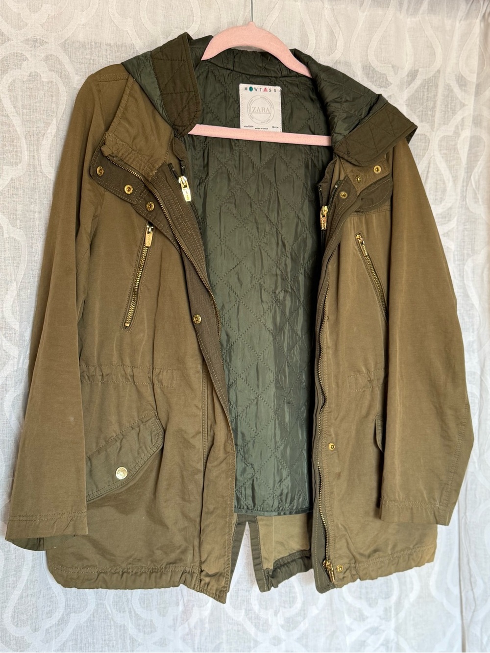 Zara Olive Green Utility Hooded Parka with Quilted Lining
